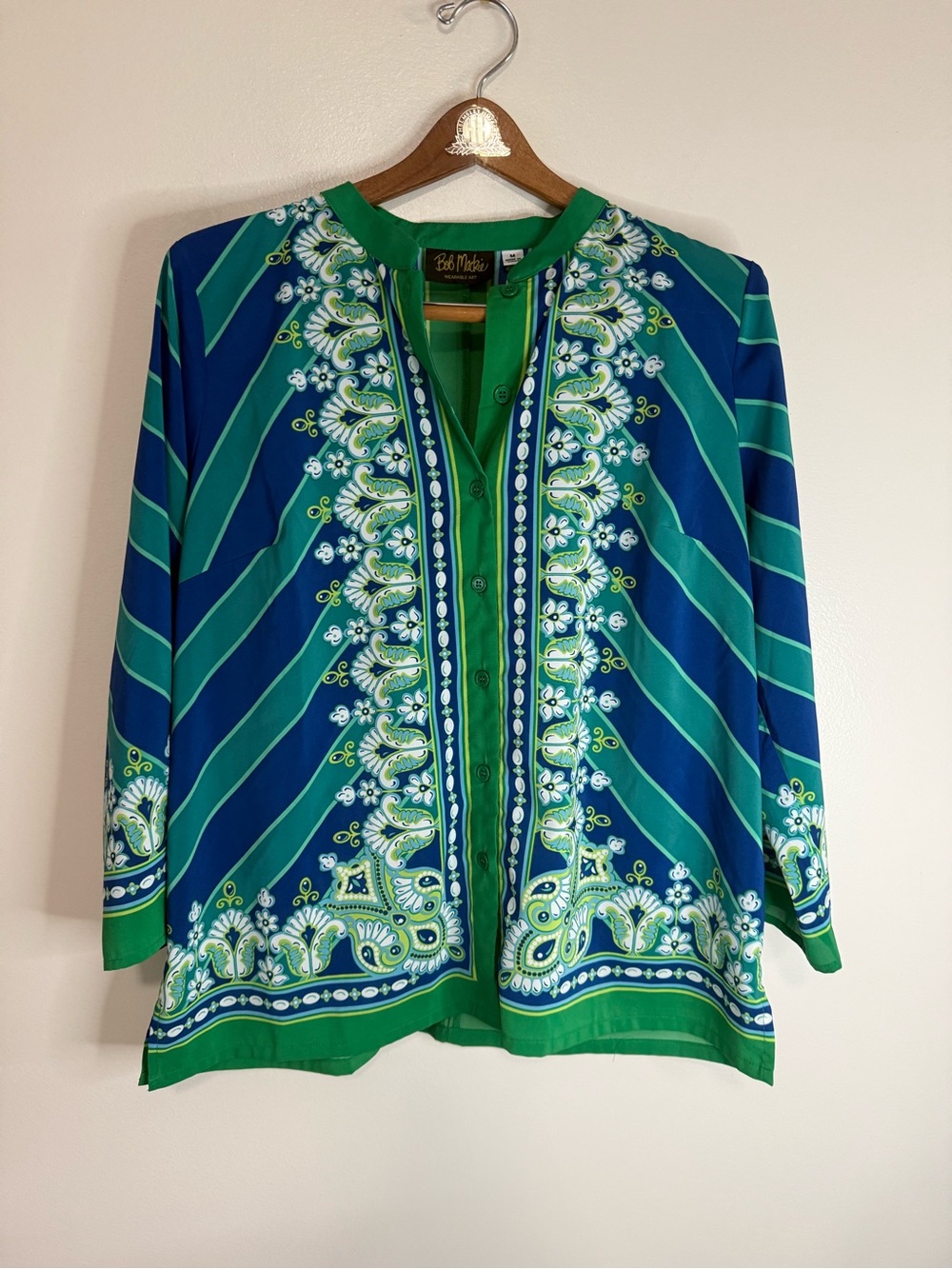 Bob Mackie Green & Blue Printed Button-Front Women's Top size medium